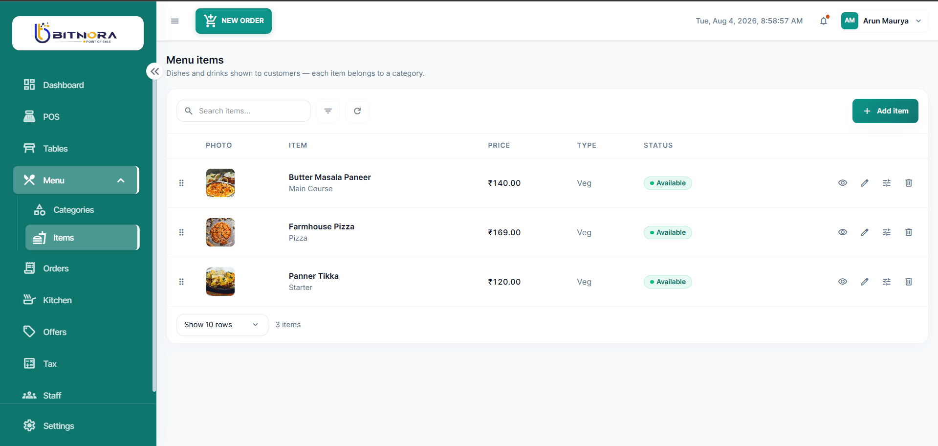 Bitnora POS menu items management table